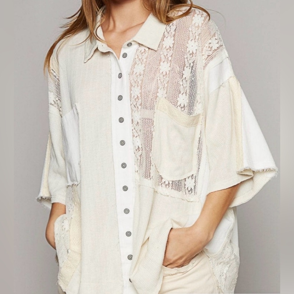NWT POL Delicate Lace Boho Floral Gauze Oversized Cream Button Down size medium